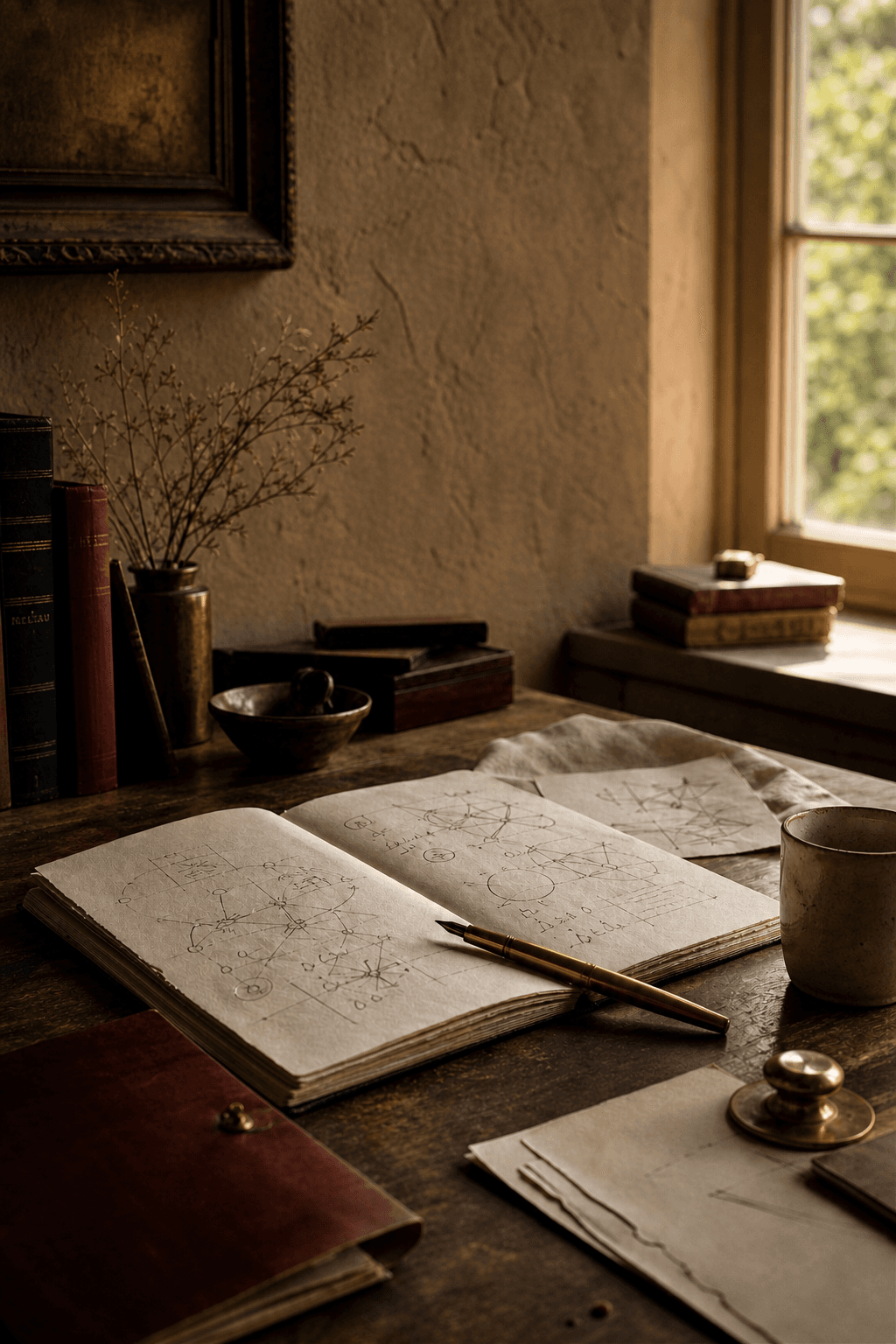 A warm writer’s desk with an open notebook, papers and a brass fountain pen